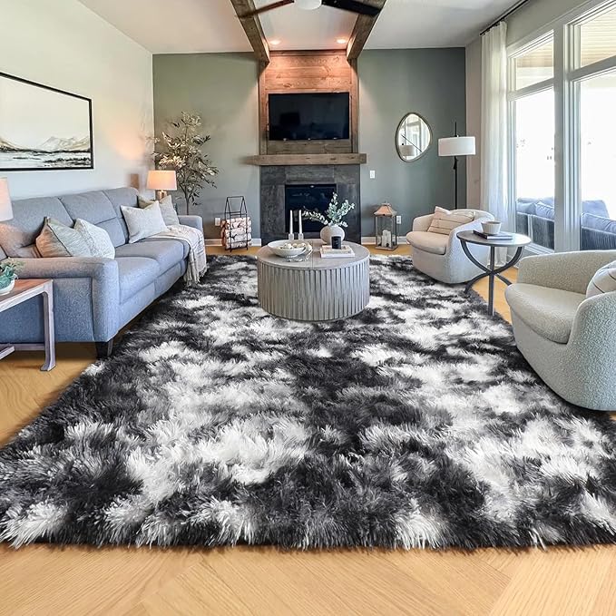 PAGISOFE 9x12 Area Rugs Living Room, Extra Large Black White Grey Machine Washable Rugs for Bedroom Fluffy Indoor Rugs for Kids Room Classroom Dorm Room Aesthetic Shaggy Carpet Plush Modern Cool Rug