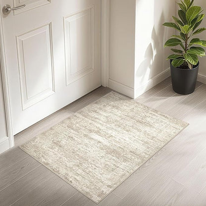 2x3 Entryway Area Rug: Washable Neutral Modern Abstract Small Rug - Non-Slip Low Pile Throw Indoor Carpet for Entrance Kitchen Front Door Mat Bathroom Entry Kids Room - Vintage Beige