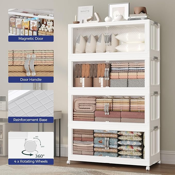 720QT Plastic Stackable Storage Bins with Lid, 180GAL Extra Large Collapsible Box with Wheels Clear Door, Foldable Closet Organizer Container Cabinet Drawer for Home Kitchen，6Pack, White