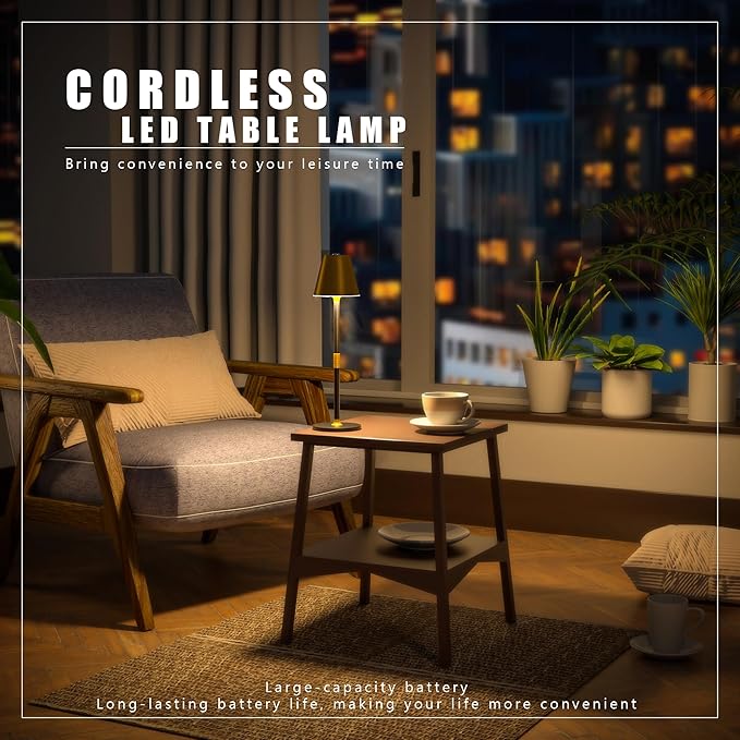 Modern LED CordlessTable Lamp,4000mAh Rechargeable Battery Desk lamp,3 Level Brightness Kitchen Light, Portable,Minimalist Design, for Couple Dinner/Coffee Table/Restaurant/Bedroom(Gold&Black 2pack)