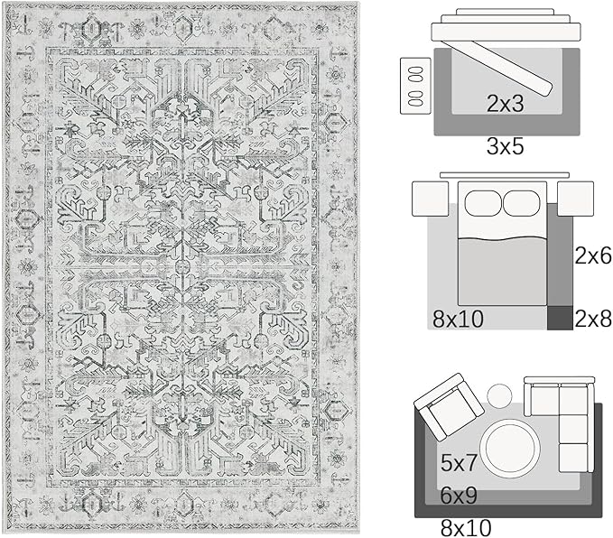jinchan Lima Runner Rug 2x5 - Vintage Hallway Machine Washable Rug Floral Non Slip with Rubber Backing Ultra-Thin Carpet Runner for Kitchen Bedroom Laundry Room Farmhouse Entryway (2x5ft, Grey)