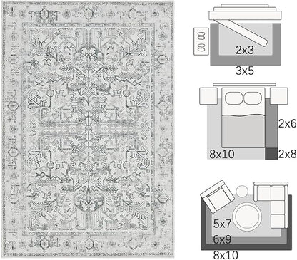 jinchan Lima 8x10 Machine Washable Area Rugs for Living Room - Vintage Floral Stain Resistant Low Pile Ultra-Thin Non Slip Accent Rug for Bedroom Kitchen Dining Room Home Office (8x10ft, Grey)