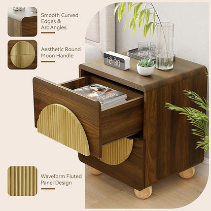 23" Fluted Nightstand with Solid Wood Legs Set of 2, Modern Style Walnut Bedside Table with Round Moon Handle & Storage, Mid Century Cute Night Stand for Bedroom, Side Table, End Table