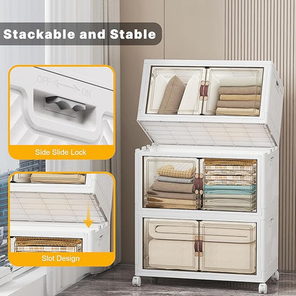 Extra Large Stackable Storage Bins with Lids & Wheels & Door, 336QT-112QT/28GAL*3Pack Foldable Collapsible Closet Organizers, Plastic containers drawers for bedroom Dorm