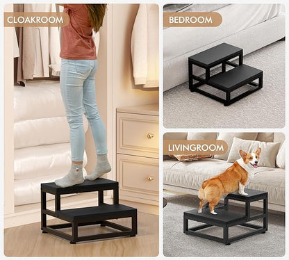 Two-Step Stool for Adults & Kids, Waterproof HDPE Bed Step with Adjustable Non-Slip Feet, Sturdy Metal Frame for Kitchen, Bathroom, Bedroom, RV & Outdoor Use, Black