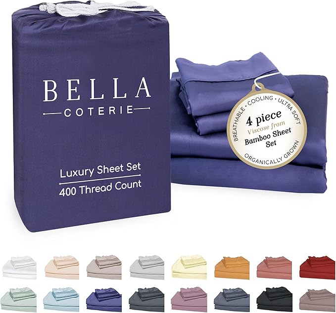 Bella Coterie Luxury Bamboo Viscose Cal King Size Sheet Set | 100% Organically Grown | Ultra Soft | Cooling for Hot Sleepers | 18" Deep Pocket [Twilight Blue]