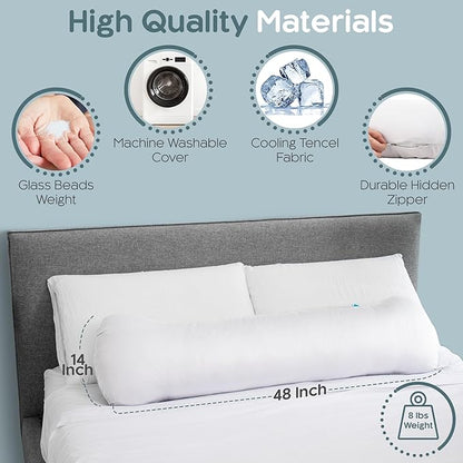 Weighted Body Pillow 8lbs - Weighted Pillow for Deeper Sleep (48” x 14”) - Cooling Body Pillows for Adults, Full Body Pillow for Adults, Side Sleeper Body Pillows with Cover (X-Large/White)