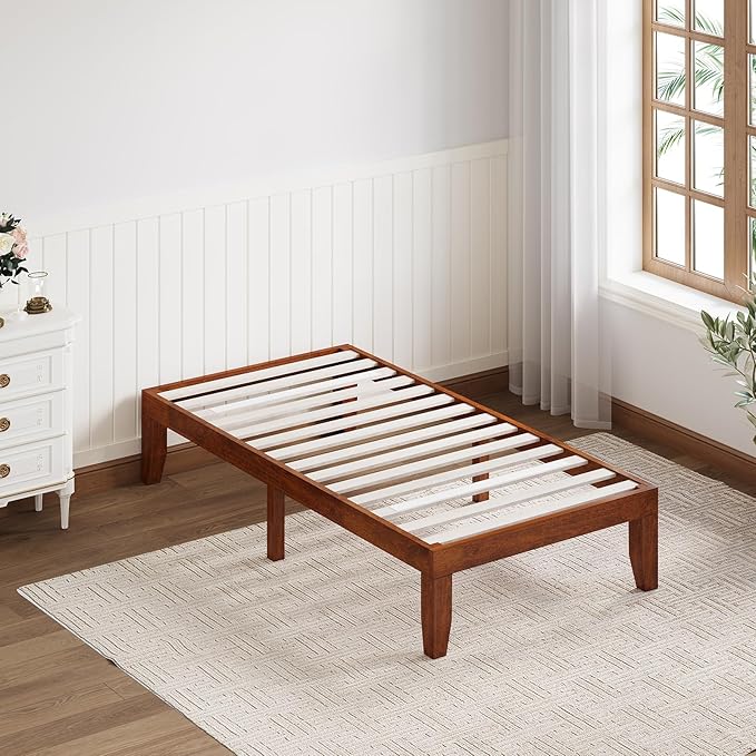 Giantex 14 Inch Twin Wood Platform Bed Frame, Minimalist Style Mattress Foundation with Solid Rubber Wood, Heavy Duty Slat Support, Without Headboard, Easy Assembly, No Box Spring Needed,Walnut