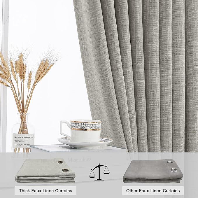 Jacquard Linen Curtains 72 inch Length 2 Panels Thick Faux Linen Blended Window Drapes Burlap Textured Curtains with Grommet for Living Room Bedroom Farmhouse (52x72 Light Khaki) Natural