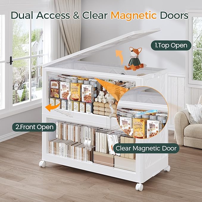 120Gal Stackable Storage Bins with Lid, 480Qt Extra Large Collapsible Storage Box with Doors and Wheels, Plastic Closet Organizer and Storage Cabinet Drawer for Home Kitchen, 4Pack White