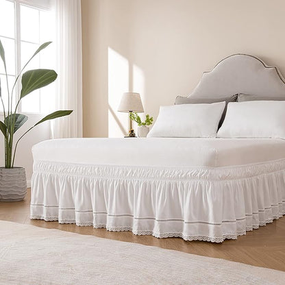 MIYE Wrap Around Ruffled Lace Bed Skirt, Elastic Dust Ruffle with Adjustable Belts,15 Inch Drop Easy to Put On, Bed Frame Cover, Machine Washable (Floral Lace, Full/Twin-15)