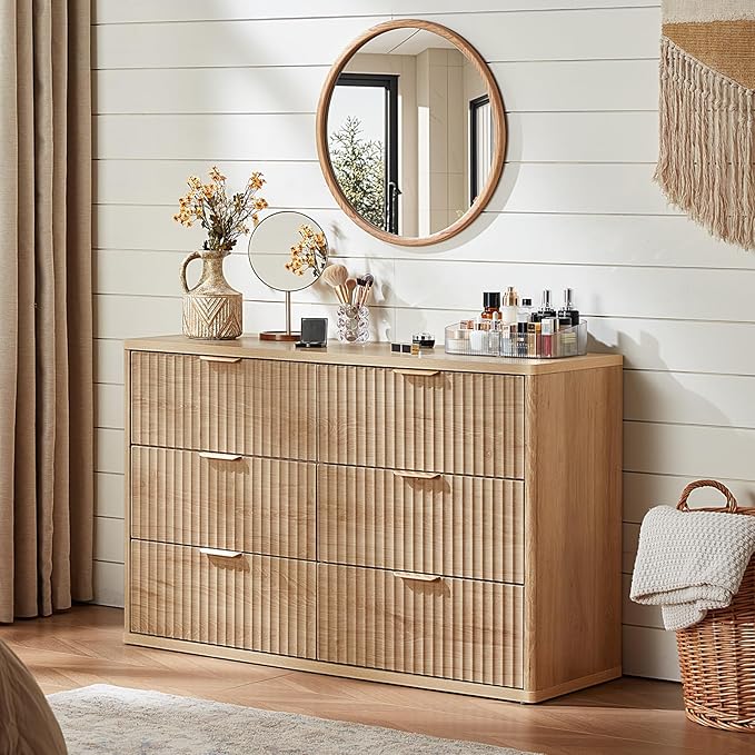 LEYAOYAO 48" Wide Fluted Dresser and 1 Drawers 23" Nightstand Set of 2, Wooden Dresser & Night Stand with Charging Station, 3 Piece Bedroom Furniture Set, Chest of Drawer for Living Room,Natural Wood
