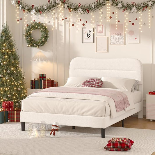 Full Size Bed Frame with Headboard, Teddy Soft Boucle Fabric Bed Frame Full, Soft Cloud Marshmallow Shape Upholstered Headboard, No Box Spring Needed, Noise Free (White)