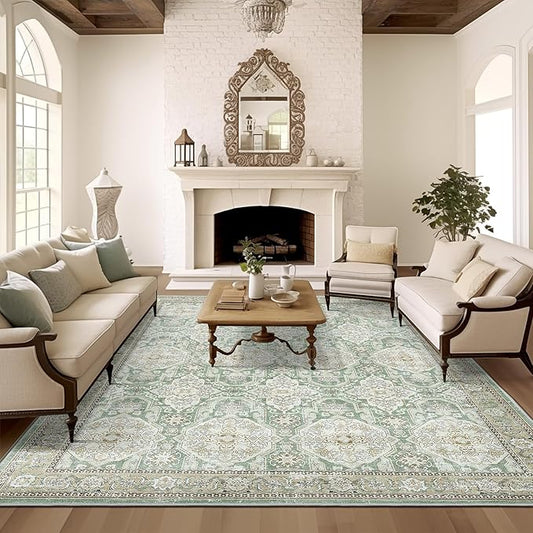 8x10 Area Rugs, Washable Rugs, Large Stain Resistant Area Rug for Living Room Bedroom Dining Room, Vintage Farmhouse Rug Green