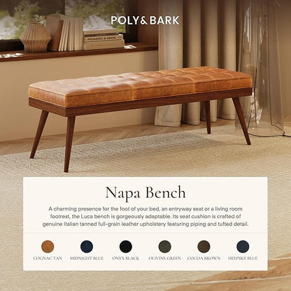 Poly & BARK 55" Tufted Leather Bed Bench for Bedroom End of Bed - Living Room Entry Way Bench - Pure Italian Leather Upholstery with a Solid Wood Frame - Ottoman Bench with Wooden Legs - Cognac Tan