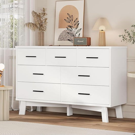 Dresser for Bedroom with 7 Drawer, Wood Modern Chest of Drawers with X-Shaped Sturdy Base, Wide Double Dresser Closet Clothes Storage Organizer, Wooden TV Stand for Living Room, Hallway, White