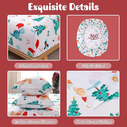 JSD Dinosaur Kids Christmas Sheet Set Full Size, 4 Piece Soft Printed Microfiber Bed Sheets Deep Pocket