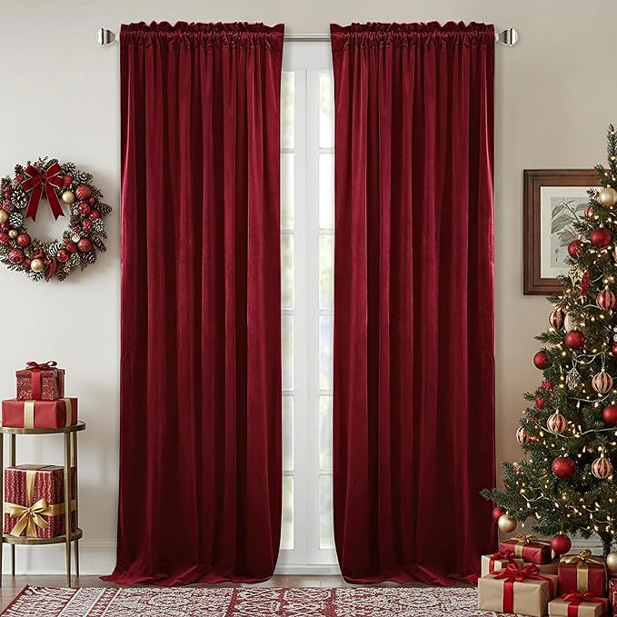 StangH 102 inches Long Red Velvet Curtains Thermal Insulated for Bedroom, Christmas Decor Blackout Curtains Room Darkening Privacy Added for Holiday Party/Sliding Door, W52 x L102, 2 Panels