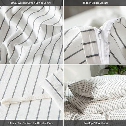 MooMee Striped Duvet Cover Set 100% Washed Cotton Linen Like Textured Breathable Durable Soft Comfy (White Dark Grey Wide Stripes, Oversized Queen 98"x98")