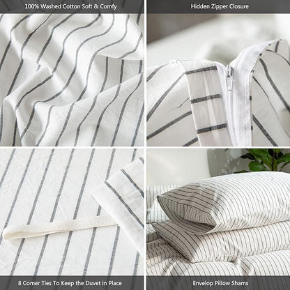MooMee Striped Duvet Cover Set 100% Washed Cotton Linen Like Textured Breathable Durable Soft Comfy (White Dark Grey Wide Stripes, Oversized King Plus 128"x120")