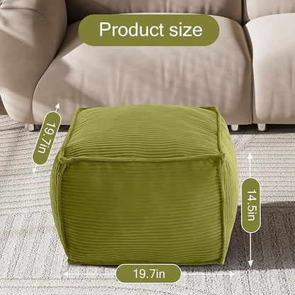 MeMoreCool Stuffed Pouf Ottoman Foot Rest Square, Corduroy Floor Pouf Foot Stool with Foam Chunk Filling, Soft Stuffed Ottoman Footrest for Living Room, Green