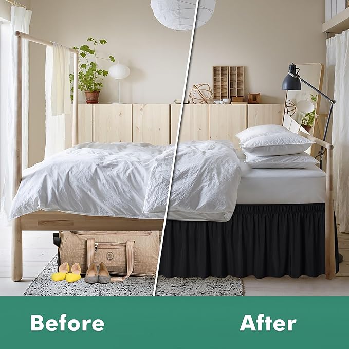 Biscaynebay Wrap Around Bed Skirts with Split Corners for King Beds 15" Drop, Black Adjustable Elastic Dust Ruffles Easy Fit Wrinkle Resistant Silky Luxurious Fabric Machine Washable
