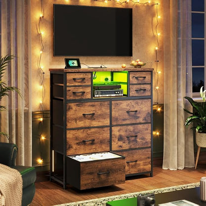 Dresser for Bedroom with 10 Drawers Featuring LED Light and Power Outlet, Fabric Dressers & Chest of Drawers with Open Shelves for Hallway, Living Room, Steel Frame,Wood Top, Rustic Brown