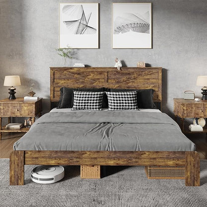 King Size Bed Frame with Farmhouse Headboard, Rustic Boho Wooden Bedframe with LED Lights and Charging Station, Easy Assembly, No Box Spring Needed (Brown, King)