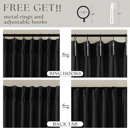 Black Linen Semi Sheer Curtains 90 Inches Long for Living Room Bedroom Light Filtering Black Textured Burlap Pinch Pleated Curtains 90 Length Hooks Rings Back Tab for Sliding Door 2 Panels