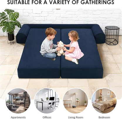 80" Convertible Sofa Bed, 3-in-1 Corduroy Folding Pull Out Couch with Pillows, No Assembly Modern Boneless Couch Compression Sofa in Box, Floor Sofa with Side Storage Pocket for Living Room,Navy Blue