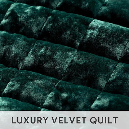 RECYCO Luxury Velvet Quilt Set King Size Bedding Sets, Ultra Soft Velvet Comforter Set, Lightweight Channel Box Stitch Oversized Bedspread Coverlet for All Season, with 2 Shams, Emerald Green