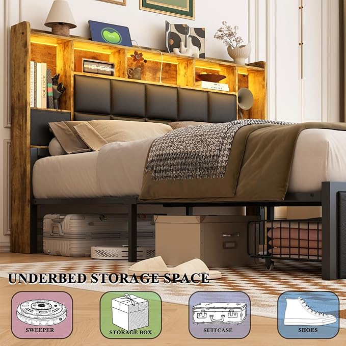 LED Bed Frame King Size with Bookshelf PU Leather Headboard, 2 Hidden Storage Drawers, Upholstered Platform Bed with Charging Station, Metal Slats Support, Noise Free, No Box Spring Needed