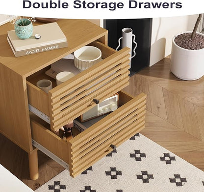Nightstand, Side Table, End Table, Mid Century Modern Nightstand with Hollowed Drawers, Bedside Tables, Small Nightstands with Storage for Bedroom, Oak