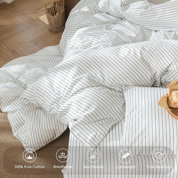 MooMee Striped Duvet Cover Set 100% Washed Cotton Linen Like Textured Breathable Durable Soft Comfy (White Heathered Green Wide Stripes, Oversized Queen 98"x98")