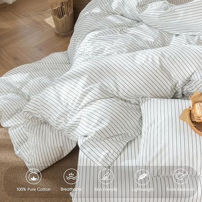 MooMee Striped Duvet Cover Set 100% Washed Cotton Linen Like Textured Breathable Durable Soft Comfy (White Heathered Green Wide Stripes, Super King Plus 120"x120")