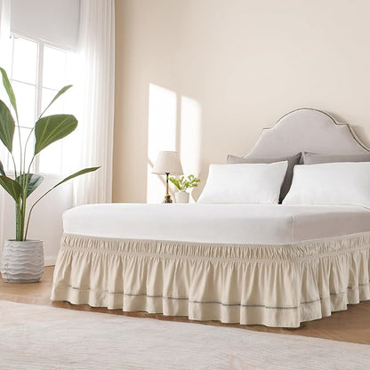 MIYE Wrap Around Ruffled Lace Bed Skirt, Elastic Dust Ruffle with Adjustable Belts, Easy to Put On, Bed Frame Cover, Machine Washable (Ruffled Lace/Beige, Full/Twin-15 Drop)