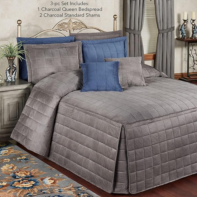 Touch of Class Camden Luxury Bedding | Neutral Charcoal Gray Color | Grande Fitted Bedspread | Faux Suede Box Quilted Design | Designed 3 Piece Set Includes Queen Bedspread and 2 Standard Shams