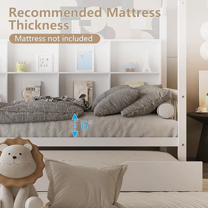 Twin House Bed for Kids with Trundle and Storage Shelves, Montessori Bed with Guardrails and Wood Slats, Platform Bed with Headboard for Boys Girls, 74.4" L x 40.2" W x 71" H, White