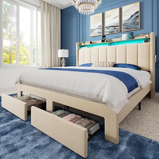 Allewie Vertical Tufted Queen Upholstered Platform Bed Frame with 2-Tier LED Storage Headboard & 2 Storage Drawers, USB & Type-C Charging Ports, Noise-Free/No Box Spring Needed, Beige