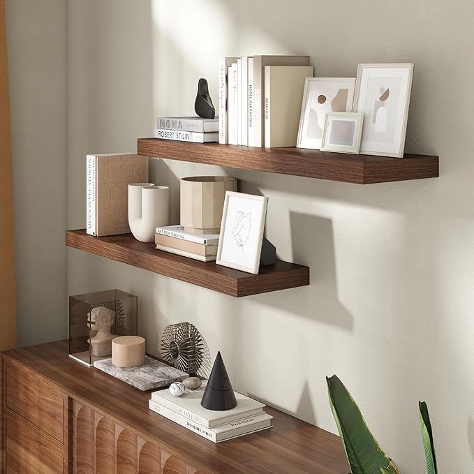 36 Inch Floating Shelves for Wall, 8 Inch Deep Floating Shelf for Storage & Display, Rustic Wall Mounted Shelf with Invisible Brackets for Living Room, Kitchen, Bathroom, Home Decor, Set of 2, Walnut