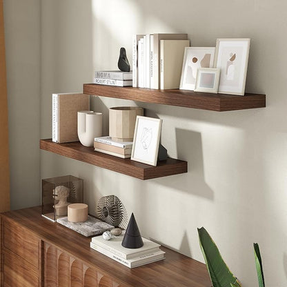 36 Inch Floating Shelves for Wall, 8 Inch Deep Floating Shelf for Storage & Display, Rustic Wall Mounted Shelf with Invisible Brackets for Living Room, Kitchen, Bathroom, Home Decor, Set of 2, Walnut