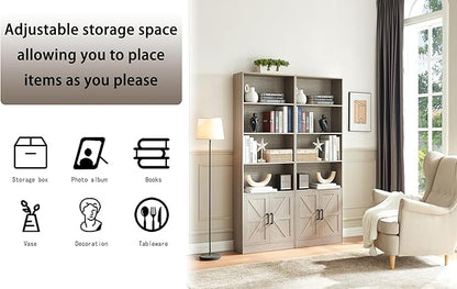 RWYHG 70in Tall Bookshelf 6 Tier Bookcase with Barn Doors and Adjustable Shelf, Oak Grey Farmhouse Book Shelves with Storage Cabinet, Wood Floor Standing Display Bookshelve for Bedroom, Living Room