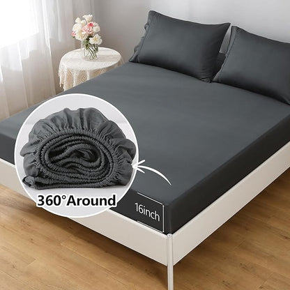 Linen World Cooling Bed Sheets Set Queen Size,100% Organically Grown Viscose Sheets,Deep Pocket Up to 16",4 Pieces Silky Soft,Breathable Bedding Sheets & Pillowcases(Shadow Grey,Queen)