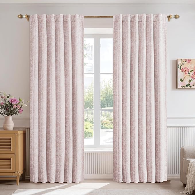 Beauoop Pink Floral Jacquard Blackout Curtains 72 Inches Long 2 Panels for Girls Bedroom Living Room Chenille Flower Room Darkening Thermal Insulated Soundproof Rod Pocket Back Tab Window Drapes 52x72