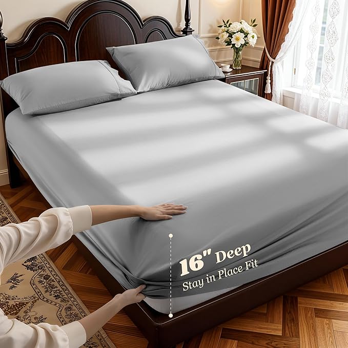 LBRO2M 1000 Thread Count 100% Cotton Sheets Set,California King Size Bed Sheet 4 Piece Sets,Long Staple,16 Inches Deep Pocket,All Season,Bedding Super Soft Comforterble Breathable,Sateen(Grey)