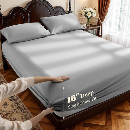 LBRO2M 1000 Thread Count 100% Egyptian Cotton Sheets Set,Queen Size Bed Sheet 4 Piece Sets,Long Staple,16 Inches Deep Pocket,All Season,Bedding Super Soft Comforterble Breathable,Sateen Weave (Grey)
