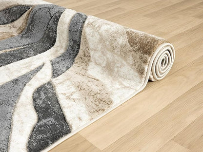 Modern Abstract Area Rug Hand Carved Contemporary Geometric Swirls Vibrant Colors Carpet for Living Room Bedroom Design PR1002 (Beige, 5' x 7')