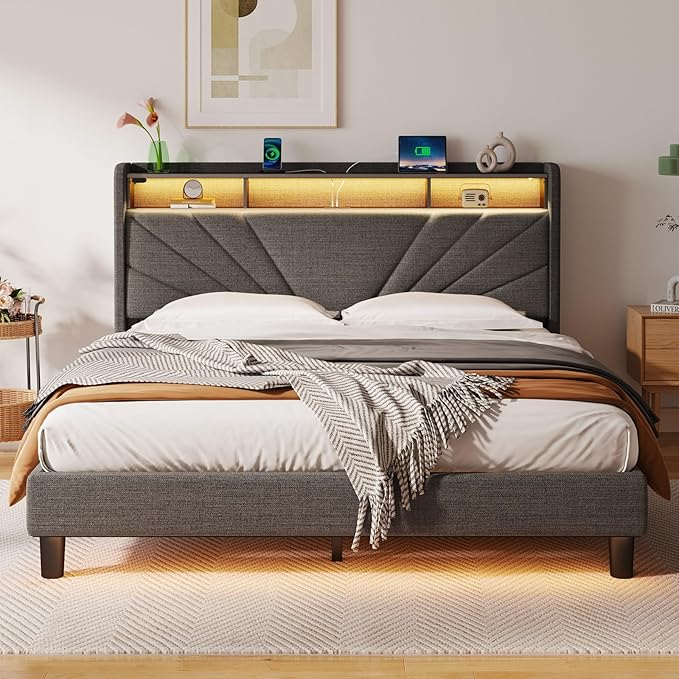 Rolanstar Queen Size Bed Frame, Storage Headboard with Charging Station and LED Lights, Upholstered Bed with Heavy Duty Wood Slats, No Box Spring Needed, Noise Free, Easy Assembly, Dark Grey