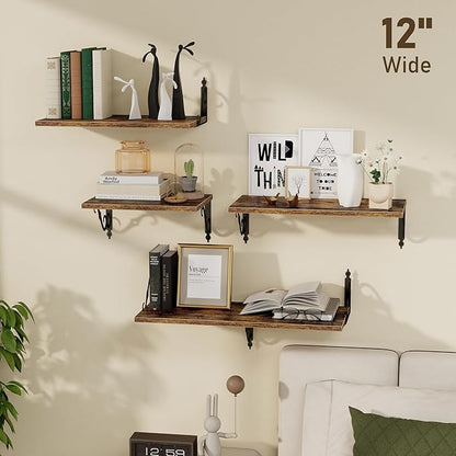 Dreamland Deep Floating Shelves, 31" W x 12" D Wall Shelves Set of 2, Wide Display Shelf Wall Mounted with Brackets, Bookshelf for Living Room, Bathroom, Bedroom, Rustic Brown