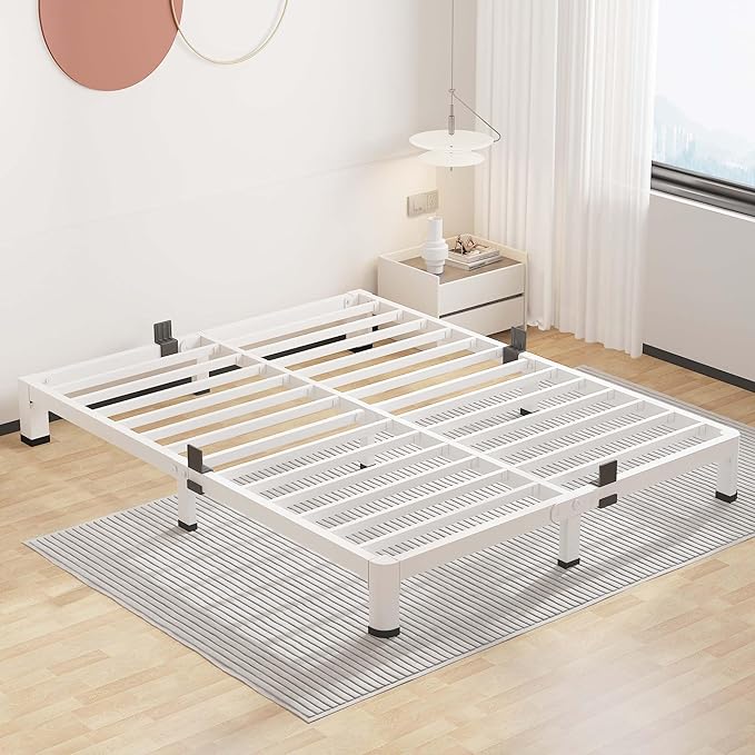 ROIL 4 Inch White King Bed Frame with Rounded Corner and Mattress Retainers, 3500LBS Heavy Duty Steel Slats No Box Spring Needed Platform Noise-Free Easy Assembly